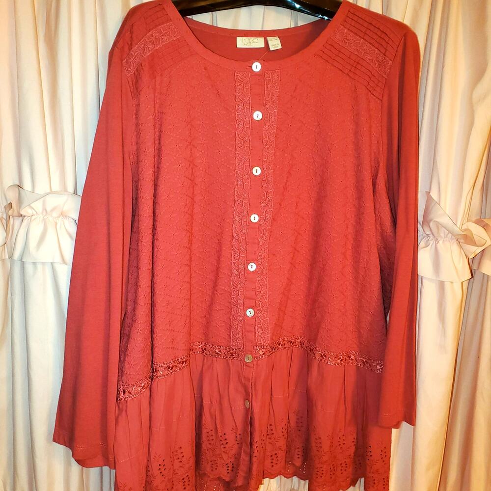LOGO Lavish Button Front Cotton Modal Embroidered Lace Eyelet Peplum Tunic Sz XL